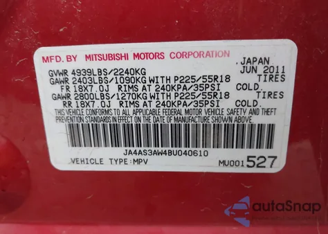 2011 Mitsubishi Outlander Se from USA, damaged, VIN JA4AS3AW4BU040610